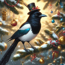 Christmas Tree With Magpie In A Hat