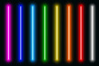 Luminous neon lines isolated, lights lines set in different rainbow colors, retro led neon lamp tube, glowing laser beams streaks on dark background