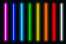 Luminous neon lines isolated, lights lines set in different rainbow colors, retro led neon lamp tube, glowing laser beams streaks on dark background