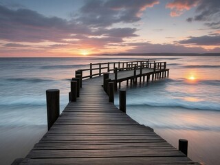  Wooden pier on the beach at beautiful sunset in the evening