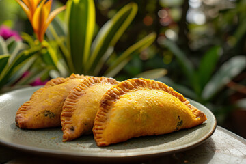 Homemade, gluten free, vegan, Jamaican patties. Displayed in front of outdoor plants