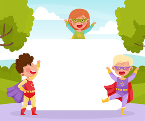 Wall Mural - Cute Superhero Kids Wearing Cloak Empty Card Vector Template