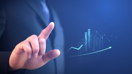 Poster - Growing graphs and charts on blue background with digital man with index finger raised. Collage with computer graphics