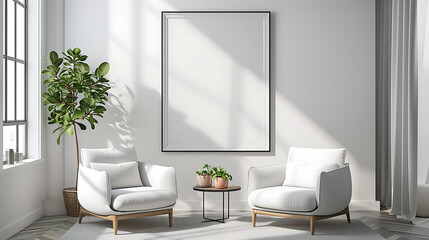 Two armchairs in room with white wall and big frame poster on it. Scandinavian style interior design of modern living room