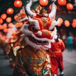 a man wearing a chinese dragon mask next to red lanterns