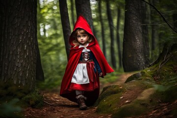 Young Girl in Red Cape Exploring Enchanting Forest Pathway