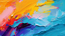Abstract Watercolor Background,Closeup Of Abstract Rough Colorful Multicolored Rainbow Colors Art Painting Texture, With Oil Brushstroke, Pallet Knife Paint On Canvas, Dripping Color