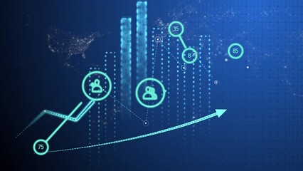 Poster - CG Footage with graphs and diagrams on the background of icons with symbolic human connections with a flying map of the world