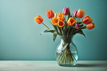 Vase With Tulips Flowers Blue Backgrounds