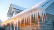 Dangerous Icicles Hanging From  House  Building Roof With Snow In Winter