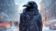 Rabe in schwarzem Wintermantel geht in der verschneiten Stadt spazieren.