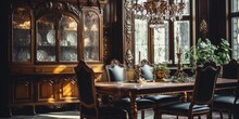Antique Furniture In A Traditional Dining Area With Old-fashioned Interior Design.