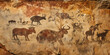 Ancient cave painting on sandstone depicting primitive art, humans, animals, and cultural symbolism.