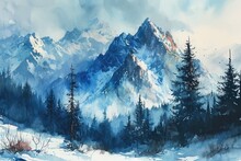 Watercolor Winter Mountain With Pine Forest Illustration Background