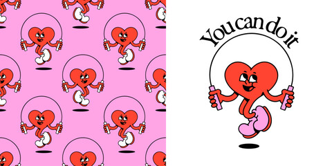 Wall Mural - Funny vintage red love heart cartoon character seamless pattern. Retro romantic valentine's day mascot background. Cute cupid jump rope wallpaper print texture.