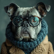 Quirky Pug Wearing Glasses and Cozy Sweater - Humorous Close-Up Pet Fashion Portrait