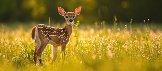 whitetailed deer fawn in a field during summer.