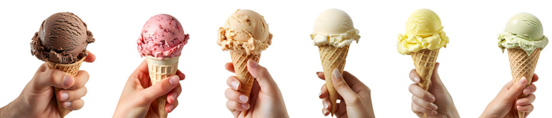 Set of Ice Cream Cones Including Chocolate, Strawberry, Vanilla, Mint, and Pistachio Flavors on Transparent Background