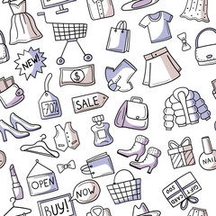 Poster - Market pattern doodle set of shopping collection items basket sale tags vector seamless background