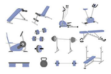 Wall Mural - Fitness equipment. Gym machines for sports people athlete tools for physical exercises activities recent vector templates