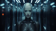 Weiblicher Android / Künstliche Intelligenz / Roboter Frau mit dunklem Anzug steht in einem Datencenter. Blickt emotionslos. Düstere ruhige Stimmung.  Illustration