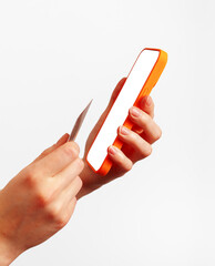 Poster - Mobile phone screen mockup, paying with bank app, plastic debit card in hand, angle view