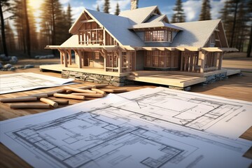 construction of house on blueprints - building project and architecture concept