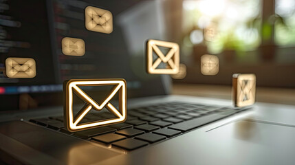 Floating email icons above a laptop keyboard, glowing with connectivity