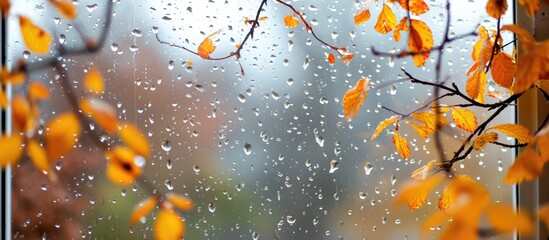 Sticker - Raindrops fall outside a window framed by yellowing elm branches.