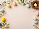 Fototapeta Na sufit - Easter concept, top view Easter background with Easter eggs in a nest and some flowers on beige background, copy space, Generative ai