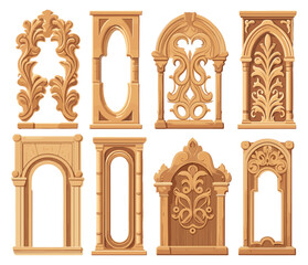 Wall Mural - carving frames and panels. elegance decoration wooden frame elements isolated on white, flourished f