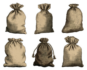 Cloth sacks isolated. Burlap bags vintage engraving, warehouse flour clothing brown packaging vector illustration