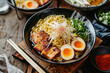 Miso Ramen Asian noodles with egg, enoki and pak choi cabbage in bowl on wooden background
