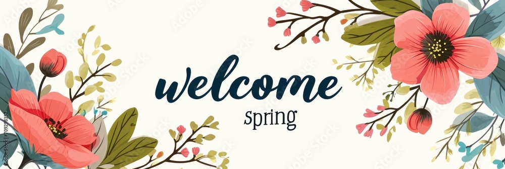 Welcome Spring Trees Welcome spring day. Flower tree for Happy holidays greeting card ...