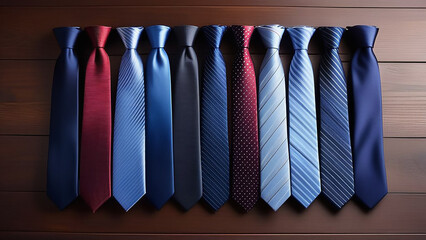 Wall Mural - Men's ties lie on a wooden table.