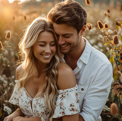 a newly engaged couple having their photo taken outdoors.