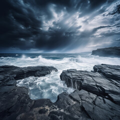 Wall Mural - sea stormy landscape over rocky coastline