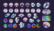 © ssstocker - Holographic stickers. Y2k metallic gradient sticker, shiny holo texture retro icons trendy hype smile starburst symbol, acid rainbow hologram, realistic decent vector illustration