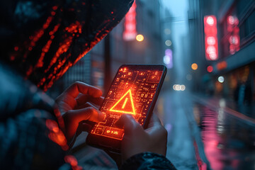 Wall Mural - hacker attack maintenance concept and hacking cybercrime cyber security User is using smartphone with warning triangle for error notification