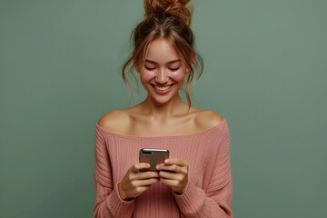 Fun young woman hold in hand use mobile cell phone doing winner gesture clenching fists isolated on green background studio