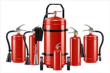 Wall Mural - Set of realistic red extinguishers isolated on white background: different types of handle extinguishers, water, carbon dioxide, foam, powder and wet chemicals. 3d vector illustration