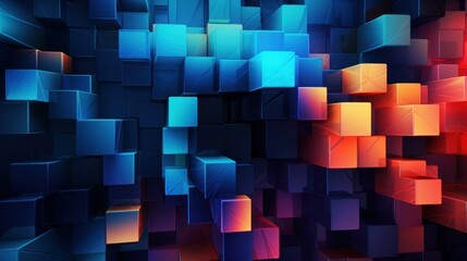 Poster - Abstract Geometric Vivid Colors Cubes background, web banner. Dynamic composition of geometric cubes in a spectrum of vivid colors, creating a visually captivating digital mosaic