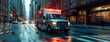 Ambulance Van on a wide city street. Emergency vehicle with warning lights and siren moving fast an avenue. Metropolis rescue services transport. Motion blur.