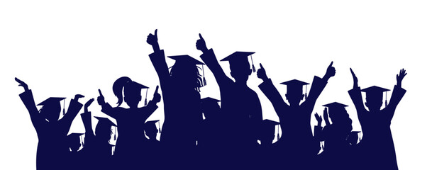 Wall Mural - Happy crowd of graduates children in square academic caps. Cheerful people silhouette. Graduation ceremony. Vector  illustration.