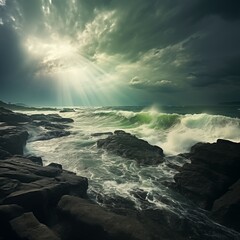 Wall Mural - sea stormy landscape over rocky coastline