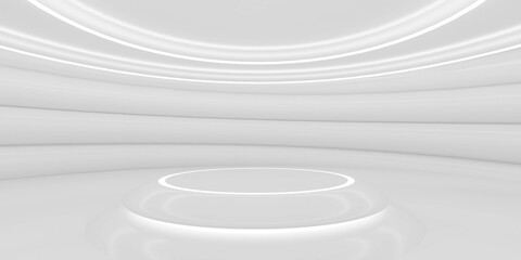 Poster - A Minimalist White Room with a Circular Ceiling With a Podium, Simple Setup for Presentations, Speeches, Events 3d render illustration