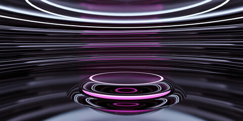 Poster - Black and Purple Abstract Background With Circles With a Podium, Simple Setup for Presentations, Speeches, Events 3d render illustration