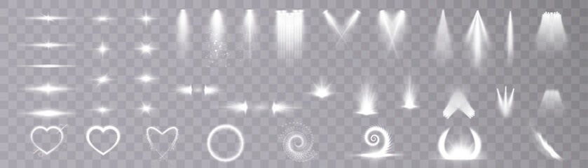 Fototapete - Set of lighting effects. Set of isolated white transparent light effects, spotlights, hearts, glare, explosion, lines, glitter, solar flare, and stars, curve rotation. Sunlight, abstract special effec