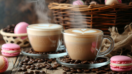 two glass cups of cappuccino, behind the cups there is a wicker basket with coffee beans, pink and white macarons, steam coming