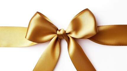 An elegant golden ribbon tied in a bow on a white background
